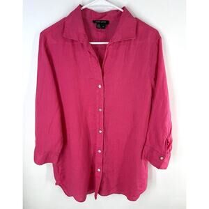 Paper White Top Women's 12 Pink Linen Tunic Shirt Button Back Lagenlook
